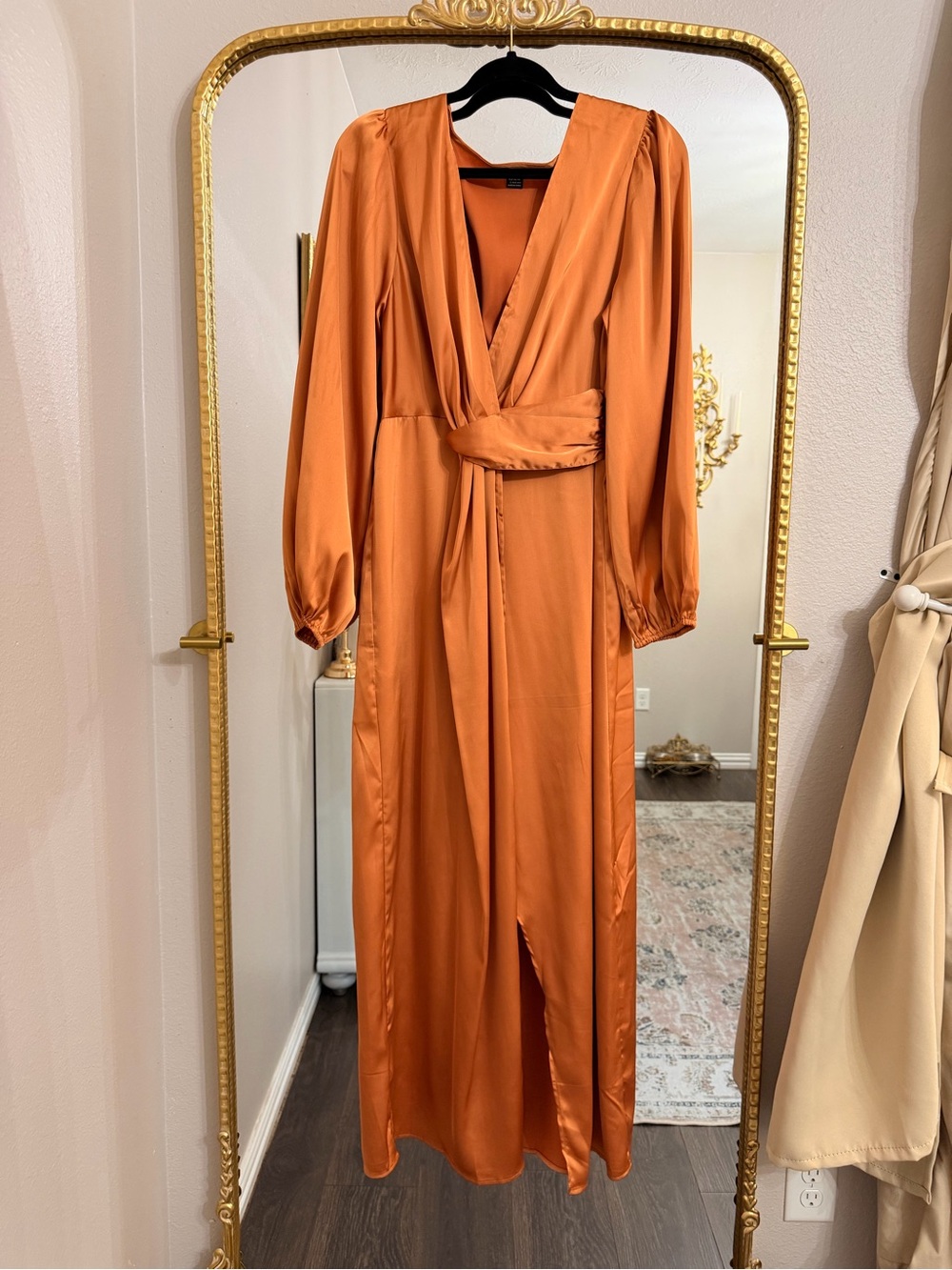 SHEIN Satin Long Sleeve Maxi Dress in Orange
